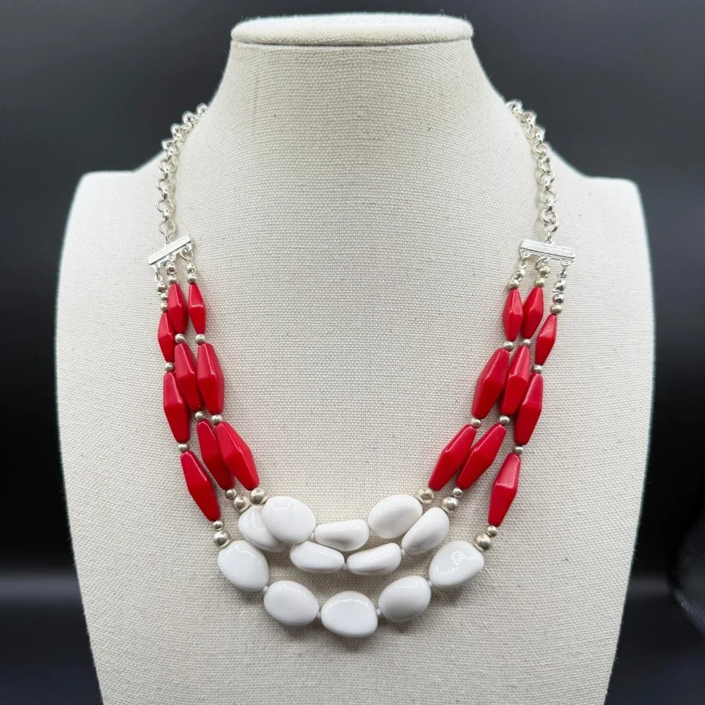 Red White Beaded Statement Necklace Silver Tone Triple Strand Chunky Boho Gift